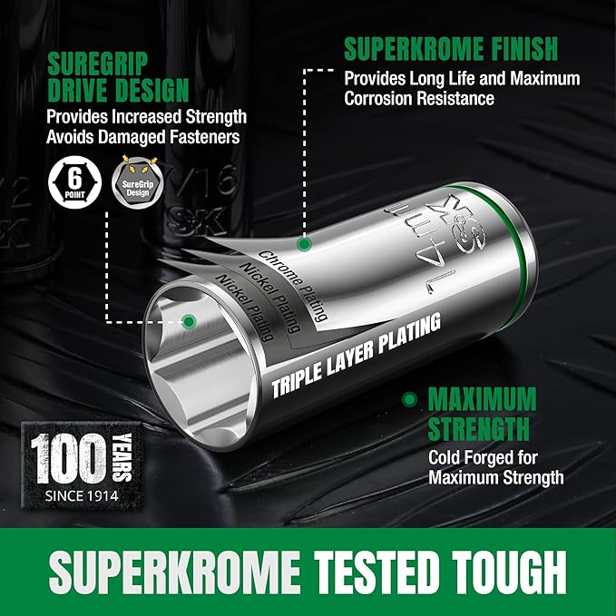 SK 3/8" Drive Socket Set with 160-P Ratchet, 55-Piece, SAE & Metric, SuperKrome Finish, Premium CR-V Construction, with Storage Suitcase