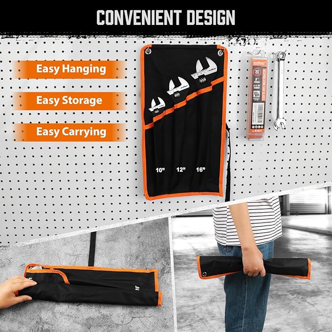 HORUSDY 3-Piece Adjustable Spud Wrench Set, 10", 12", 16", CR-V Steel, SAE & Metric Scale, Black Oxide Finish, Heavy Duty Wrenches for Construction, Mechanical Repair, DIY and Outdoor Projects
