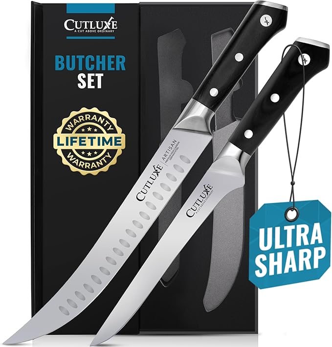 Cutluxe Butcher Carving Set ??Cimeter Breaking & Boning Knives for Meat Cutting ??Professional Knife, Razor Sharp German Steel, Full Tang, Ergonomic, Butcher Knives for BBQ ??Artisan Series