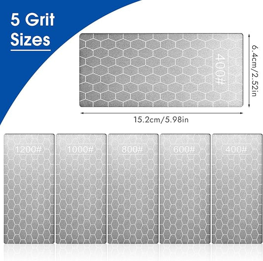 5 PCS Diamond Sharpening Stone, Double-Sided Sharpening Plate Honing Stones with Coarse Plate and Non-slip Base for Scissors, Knives 400/600/800/1000/1200 Grit (6 in. x 2.5 in)