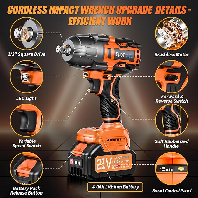 Cordless Impact Wrench, 900Ft-lbs (1200N.m) 1/2" Brushless Impact Gun, 21V High Torque Power Impact Driver, 2x4.0Ah Batteries Electric Impact Motor Variable Speeds for Car/Pickup Truck/Mower