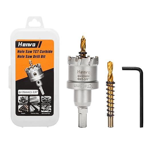 Hole Saw 1-3/8" (35mm) Heavy Duty Carbide with 2 Pilot Drill Bits - Metal Hole Cutter Cuts Stainless Steel, Iron, Copper, Brass, Plastic