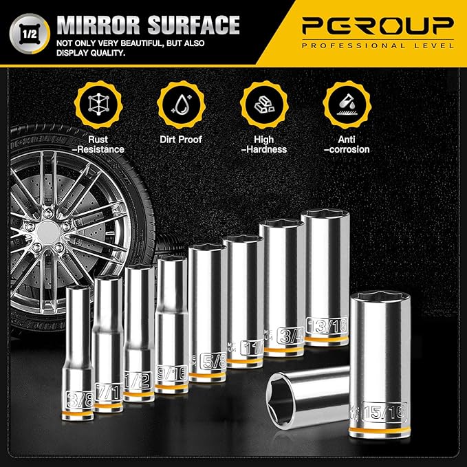 10PCS 1/2??Drive Deep Socket Set, SAE (3/8"-15/16"), 6-Point, Cr-V Steel, Chrome Plated Socket With Hanging Bracket, Cover Most Commonly Sizes