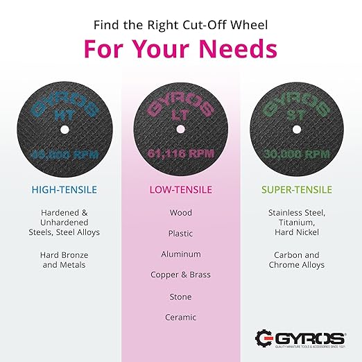 GYROS Cut-Off Wheels for Rotary Tools ??1??Low-Tensile Fiberglass Reinforced, 50-Pack | Cuts Wood, Plastic, Stone, Ceramic, Aluminum, Copper, Brass | Made in USA 11-32102/50