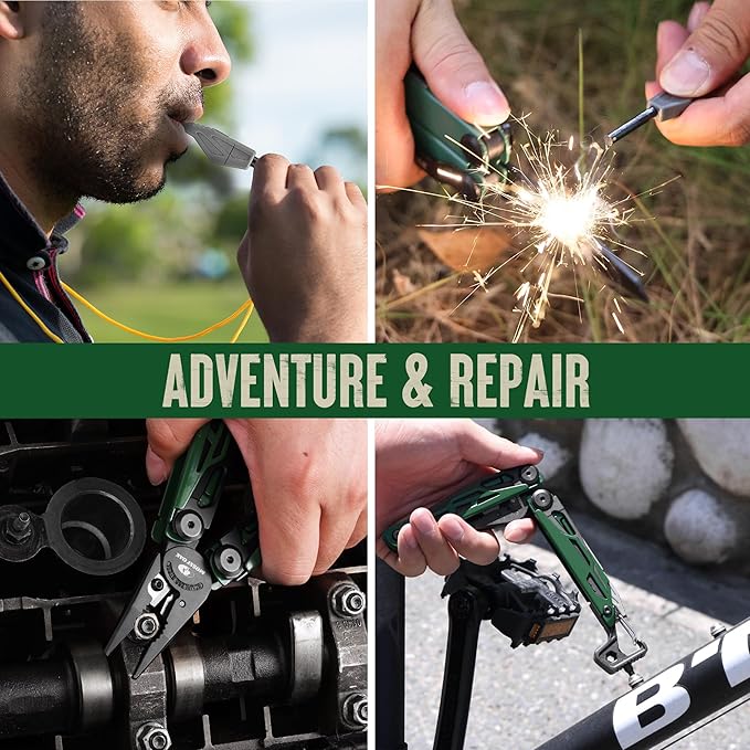 MOSSY OAK CNC-Machined Multitool Pliers, 27-in-1 Multi Tool with Pocket Knife, Fire Starter & Whistle, Bottle Opener, Screwdriver ??Self-Locking Survival Tool for Camping & Hiking