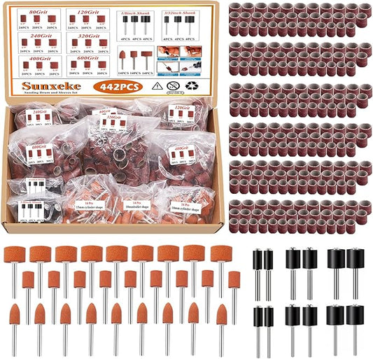 442 Pieces Sanding Drums Kit for Dremel Rotary Tool,Drum Sander Sleeves 376pcs (80 120 240 320 400 600Grit),24Pcs Drum Mandrels and 42 Sanding Bits,Sanding Bits Tool Accessories with Box