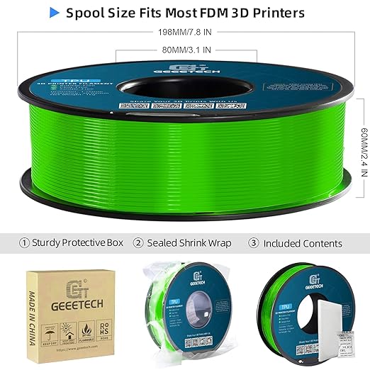 Geeetech TPU Filament 1.75mm, 95A Flexible 3D Printer Filament with High Elasticity, 1KG (2.2lbs) Spool, Dimensional Accuracy 짹0.03mm, Fits Most FDM Printers (Clear Green)
