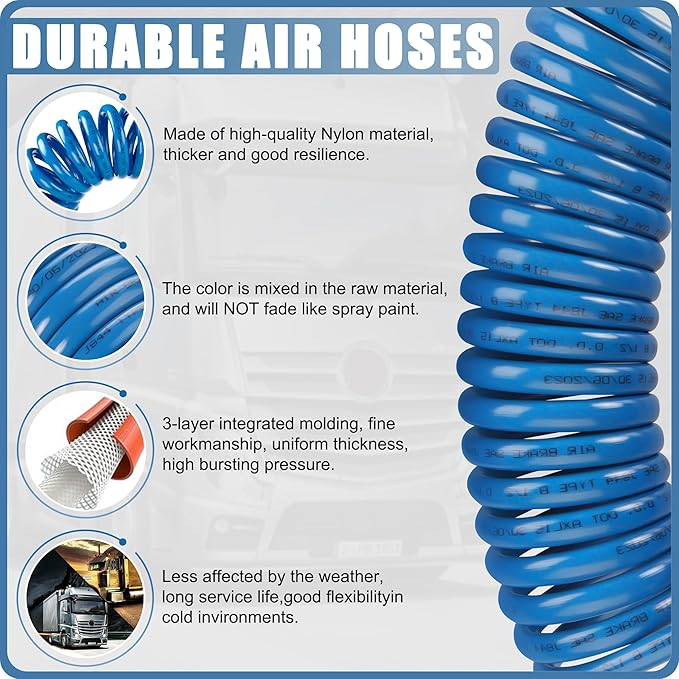Air Brake Line Hose Coil Assembly Coiled Set 15 FT Air Lines Semi Truck Trailer Hoses,1/2" NPT DOT Fittings with Glad Hands & Grips & Rubber Seals (15' Length x 12" Tractor Lead)