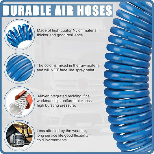 Air Brake Line Hose Coil Assembly Coiled Set 15 FT Air Lines Semi Truck Trailer Hoses,1/2" NPT DOT Fittings with Glad Hands & Grips & Rubber Seals (15' Length x 12" Tractor Lead)