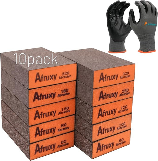 10-Pack Sanding Sponges with Gloves ??Super High-Density Reusable Sanding Blocks for Wood, Drywall, Metal & Furniture ??Non-Clogging, Wet/Dry ??Coarse to Superfine Grits (60/80/100/120/180/220/320)