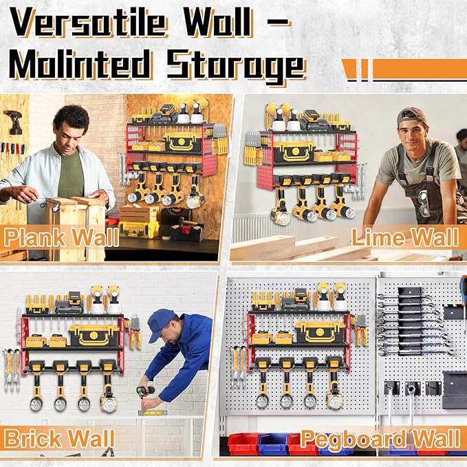 Power Tool Organizer Wall Mount, Heavy Duty 150Lbs Load Capacity with 4 Drill Holders,3 Layer Utility Shelf for Garage Storage and Workshop Organization(Red)
