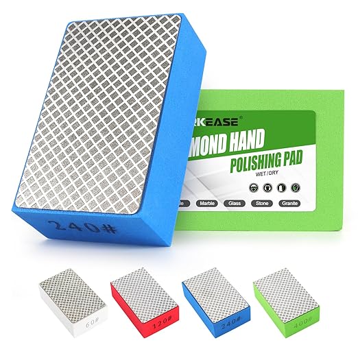 WORKEASE Diamond Hand Polishing Pads, 4PCS Diamond Sanding Block 60/120/240/400 Grit Diamond Hand Pads Foam Backing for Tile Glass Stone Marble Granite Ceramics Metal Wet&Dry