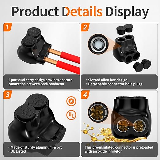 Joinfworld 2 Port Insulated Multi Tap Connector 2-14AWG Aluminum to Copper Wire Connectors Single Side Entry Aluminum Black Electrical Cable Connectors with Slotted Allen Hex - 10 Pack