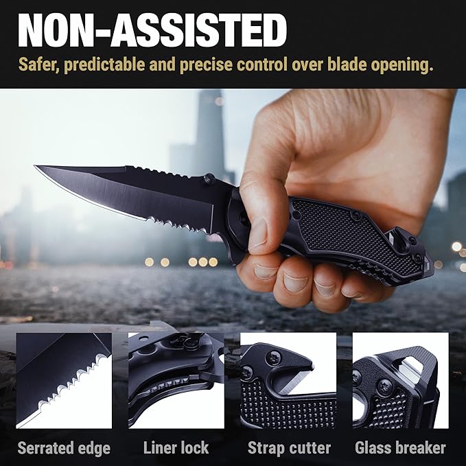 GOOD WORKER Legal Pocket Knife with 2.95??Serrated Blade, Glass Breaker, Seat Belt Cutter - EDC Sharp Folding Knives with Portable Clip - Small Tool for Tactical Camping Survival Hiking - Gifts for Men, Women