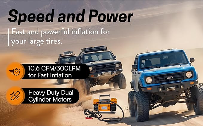 EZ FLATE M.O.A.B. Auto Air Compressor w/LCD Display, Set Target Pressure, dual air compressor, 10.6 CFM Offroad Air Compressor 4x4, 150 PSI, Inflator With Pressure Gauge