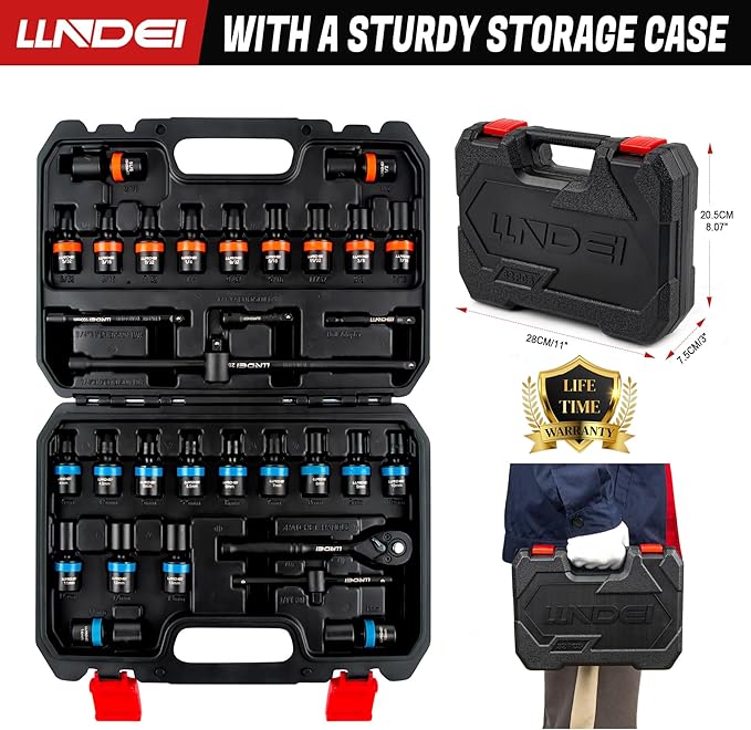 LLNDEI 1/4-Inch Drive Swivel Socket Set, 32 Pieces Standard SAE(5/32 to 9/16") Metric Size(4-15mm) CR-MO Wobble Sockets, 6 Point with Ratchet Wrench Handle, Extension Bars and Adapter