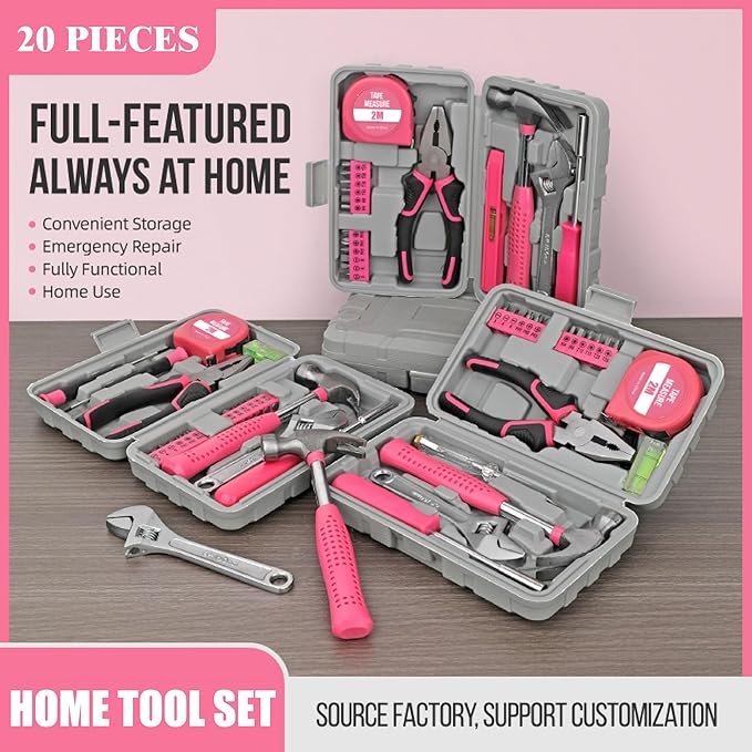 20 Pcs Home Tool Set, Basics Household Tool Kit with Small Mini Carrying Box for Men and Women DIY (Pink)