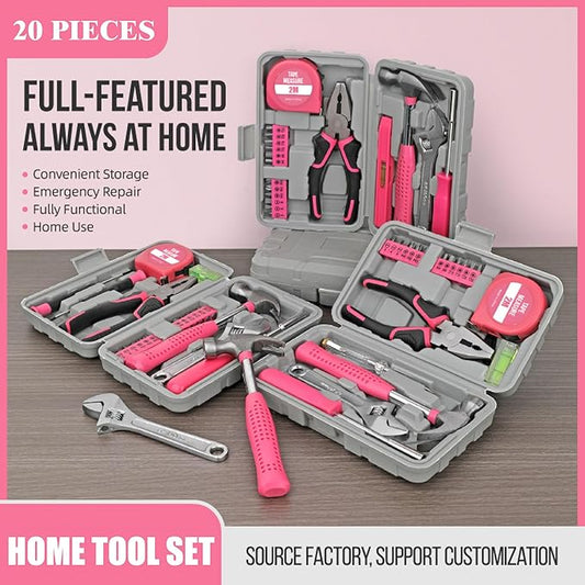 20 Pcs Home Tool Set, Basics Household Tool Kit with Small Mini Carrying Box for Men and Women DIY (Pink)