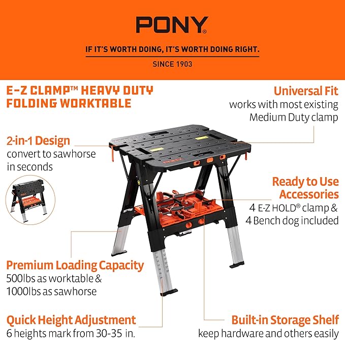 Pony Portable Folding Work Table, 2-in-1 as Sawhorse & Workbench, 31??W횞25??D횞25??35?쒱, Large Load Capacity with 4pcs Clamps, 4pcs Bench Dogs