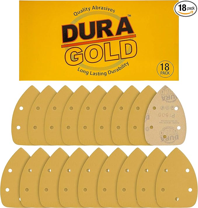 Dura-Gold Premium Mouse Detail Sander Sandpaper Sanding Sheets - 1500 Grit (Box of 18) - 5 Hole Pattern Hook & Loop Triangle Mouse Discs - Woodworking Wood Crafting, Automotive Color Sanding Polishing