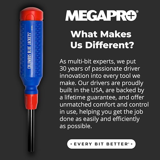 MEGAPRO짰 NHL짰 Team Edition Multi-bit Screwdriver | Officially Licensed NHL짰 Gear | Durable, Ergonomic, Pro-Grade Screwdriver (Columbus Blue Jackets짰)