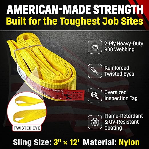 DD Sling 3 Inch x 12 Foot Nylon Lifting Sling – USA Made, 8,900 lb Vertical, 7,200 lb Choker, 17,800 lb Basket – 2-Ply Heavy Duty 900 Webbing, Type 4 Twisted Eye & Eye Rigging Sling