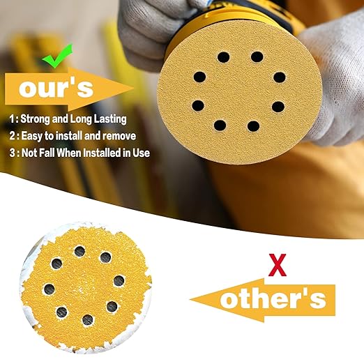 100PCS 5 Inch 8 Hole Sanding Discs 100 Grit,Gold Round Hook and Loop Sandpaper for Random Orbital Sander