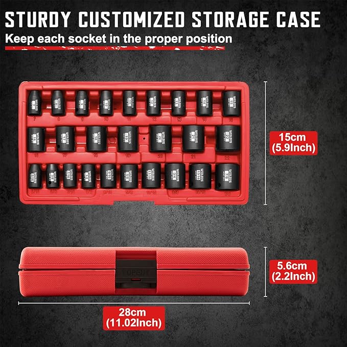 26 PCS 3/8" Drive SAE and Metric Impact Socket Set, SAE 5/16??to 7/8", Metric 7mm to 22mm, Premium Cr-V Steel, 6-Point Hex Designt,Cr-V Steel