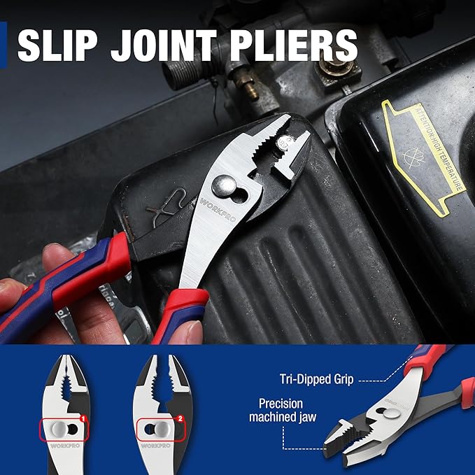 WORKPRO 8??Slip Joint Pliers Tool, Large Soft Grip,Rust Prevention Finish, 3-Zone Serrated Jaw Forged from High Carbon Steel for Maximum Grip