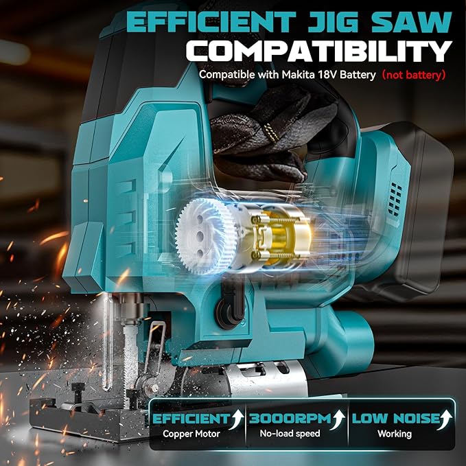 Ecarke Cordless Jig Saw Compatible With Makita 18V Battery (Only Tool), 4 Orbital Sets, 6 Variable Speeds Control, Dust-Blowing, ±45° Bevel Cuts, LED Light and 6PCS Blades For Cutting