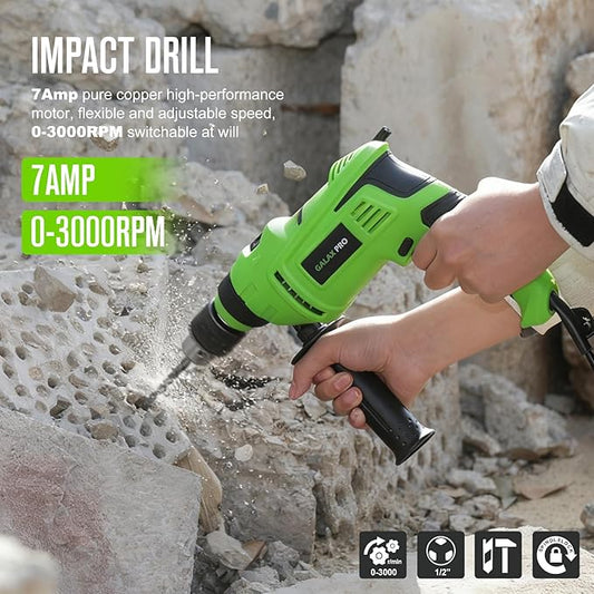 GALAX PRO 7Amp 850W 2-in-1 Hammer Drill, 0-3000 RPM, 13 mm Metal Chuck, 360째 Adjustable Auxiliary Handle, Comes with 13 Accessories, Suitable for Concrete, Metal, and Wood