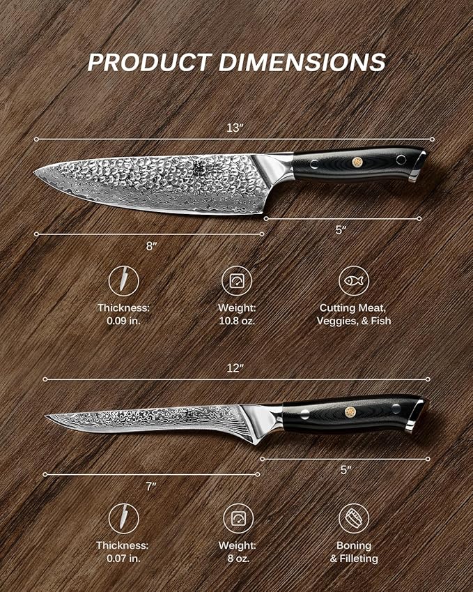 KYOKU Knife Set, Shogun Gin Series 2pc Japanese Style Kitchen Knife Set, 7" Boning 8" Chef Knife with Silver Ion Blade Sheath Gift Box, Sharp Damascus Stainless Steel Knives for Meat Vegetable