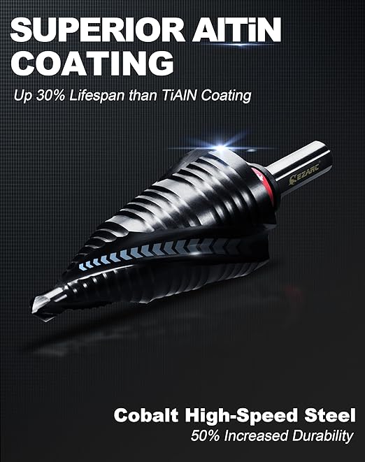 EZARC Step Drill Bit for Metal, M35 Cobalt Step Drill Spiral Flute Unibit Step Drill Bit (1/4"- 1-3/8") Wear-Resistant AlTiN Coated, 3/8" Shank for Metal, Stainless Steel, Aluminum, Plastic
