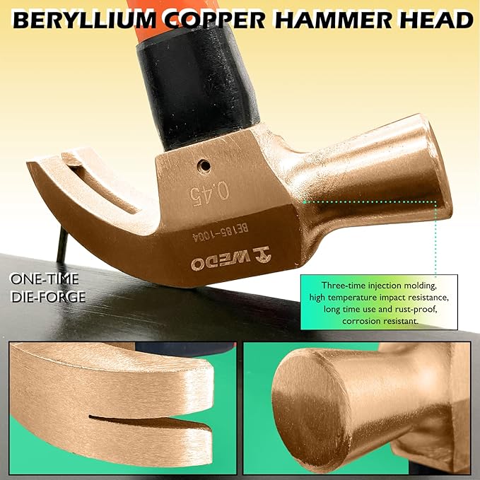 WEDO Non-Sparking Claw Hammer 16oz(1lb), Spark-free Safety Claw Hammer, Beryllium Copper, Non-Magnetic, Die-Forge, Corrosion Resistant, DIN Standard, 300mm Length