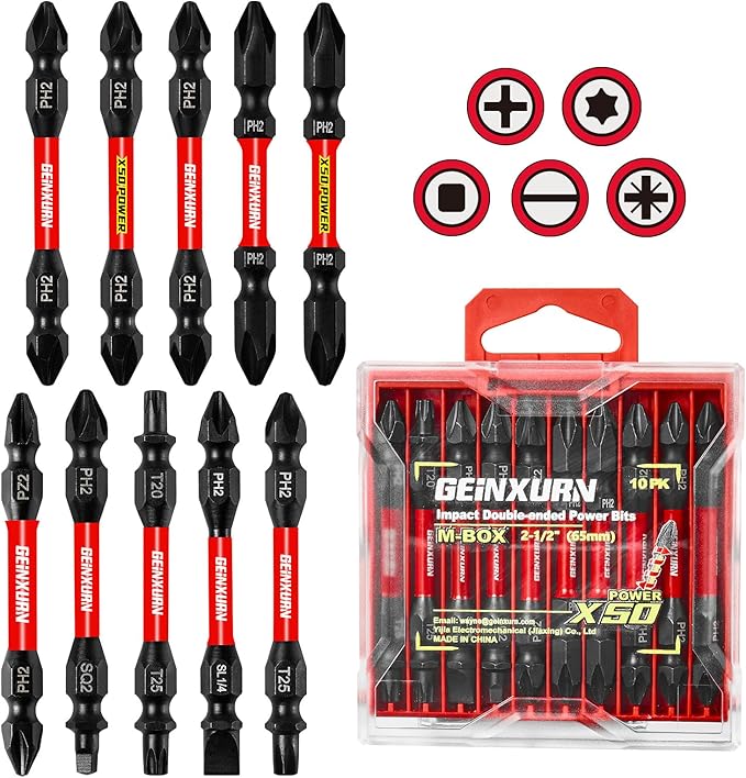 10Pcs Impact Double End Screwdriver Bit Set, 2.56 in. Mixed Reversible Power Driver Bits, Magnetic S2 Steel Two Sides PH2/T20/T25/SQ2/SL1/4 Screwdriver Bit Tips Set with Storage M-Box