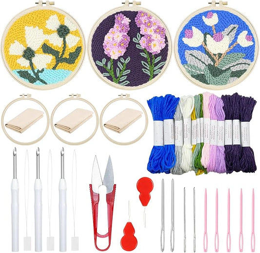 Woohome Punch Needle Kit Included Plastic Hoops, Punch Needle Cloth, Color Yarn and Punch Needle Tools for Adults, Beginners (White and Purple Flowers)