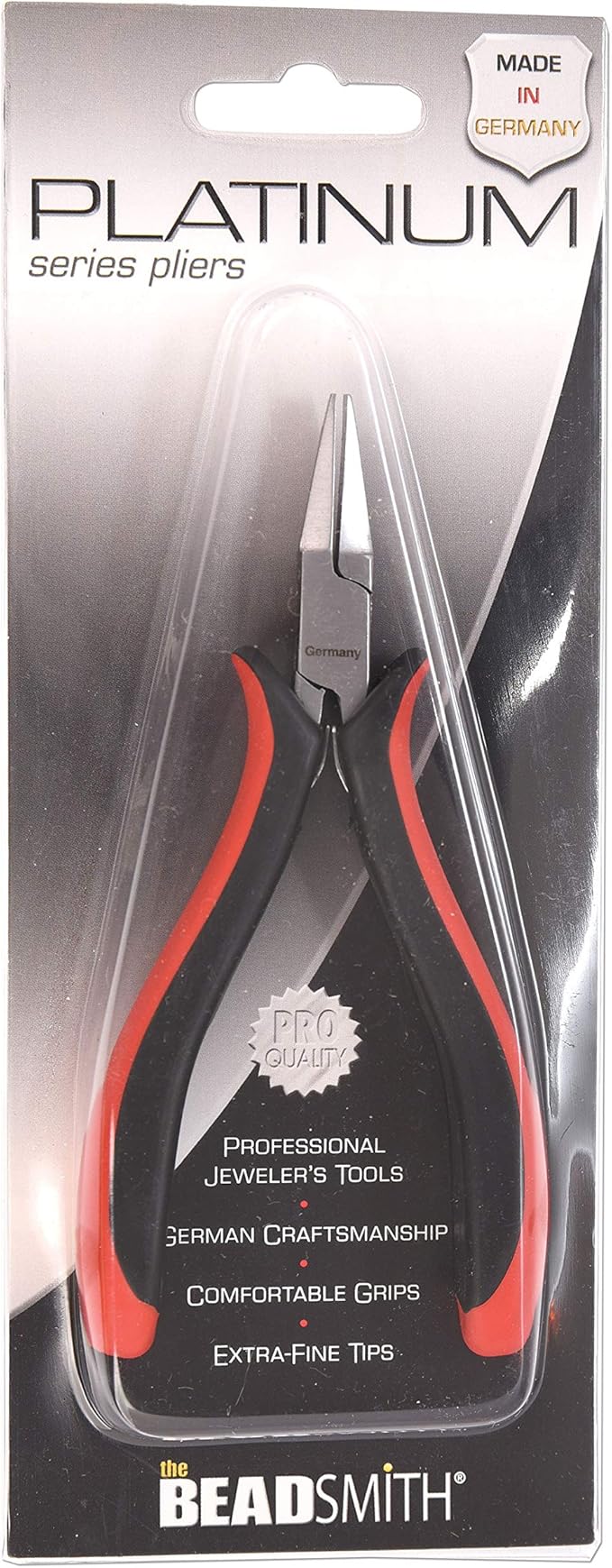 The Beadsmith Platinum Series German Flat Nose Pliers, 4.75 inches (120mm) with Polished Steel Head, red and Black Ergonomic Comfort Grip Handle and Double-Leaf Spring, Tool for Jewelry Making