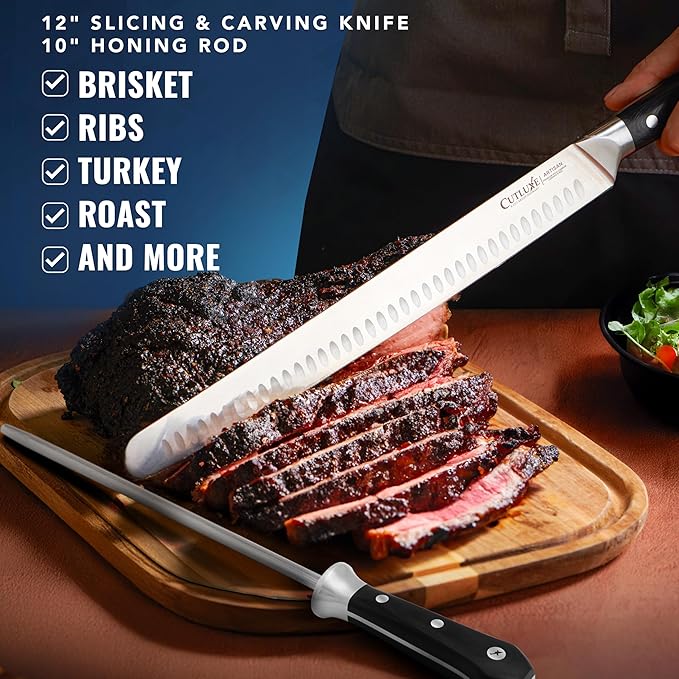 Cutluxe BBQ Knife Carving Set ??12" Brisket Knife & 10" Honing Rod, Butcher Knife Set for Meat Cutting ??Ultra Sharp German Steel, Ergonomic Pakkawood Handles ??Artisan Series