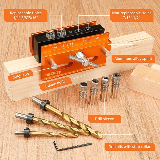 Self Centering Doweling Jig Kit - Adjustable Width Dowel Jig Kit for Straight Holes, Biscuit Joiner Set, 6 Bushings, 3 Size Drill Bits - Woodworking Precision Tool