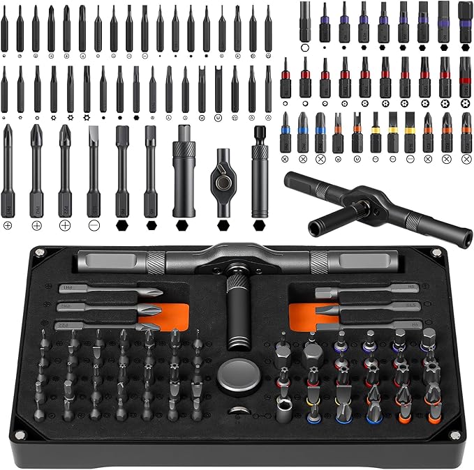 Ratchet Screwdriver Set, 74 in 1 Magnetic Screwdriver Set with Detachable Allen Wrench Ratchet T Handle, S2 Steel Bits, Portable Compact Repair Tool Kit for Furniture Computer Bicycle Eyeglass and DIY