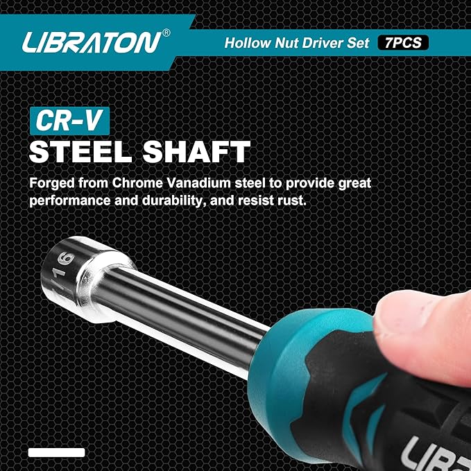 Libraton Hollow Nut Driver Set SAE, Magnetic Hex Nut Drivers, 3-inch Full-hollow Shaft for Long Bolts, 7-Pieces Standard Sizes 3/16, 1/4, 5/16, 11/32, 3/8, 7/16, 1/2 Inch