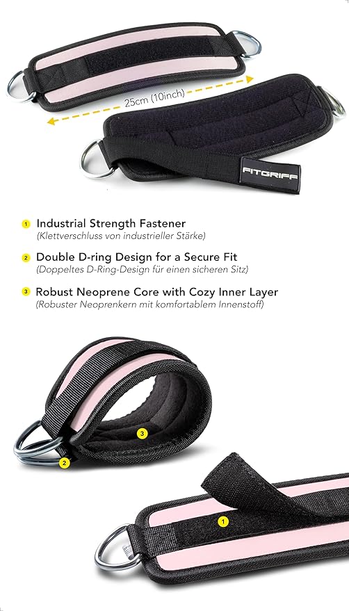 Fitgriff짰 Ankle Straps V1 for Cable Machine (2 Pieces) - Gym Workout Equipment - Leg Pulley Attachment, Kickback Straps