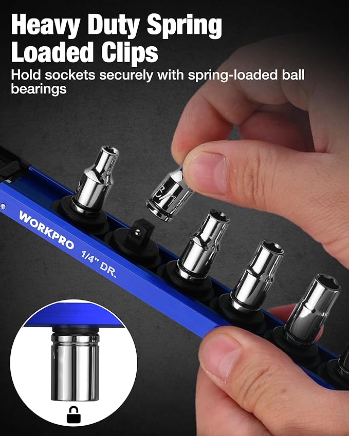 WORKPRO Magnetic Socket Organizer, 1/4" Drive Aluminum Alloy Socket Holder with 12PC Removable Socket Clips for Quick Customization, Socket Rail for Tool Box Drawer (Sockets Not Included)