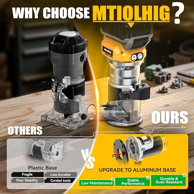 Cordless Compact Router Compatible with DeWalt 20V Battery, With 15Pcs Router Bits 6 Variable Speeds for Woodworking, 800W Fixed Base Wood Router With Trim Bits, Edge & Roller Guide
