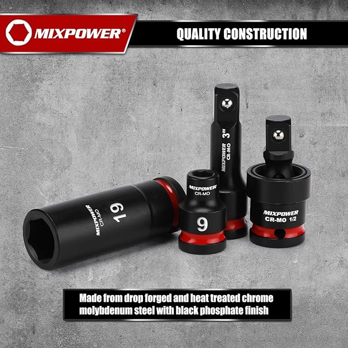 MIXPOWER 43 Pieces 1/2" Drive Deep and Shallow Impact Socket Set, 6 Point,Metric Sizes 9-30mm, 1/2'' Impact Universal Joint, 1/2"Drive Extension Bars:3",6",10",15",CR-MO Steel Mechanic Socket Set
