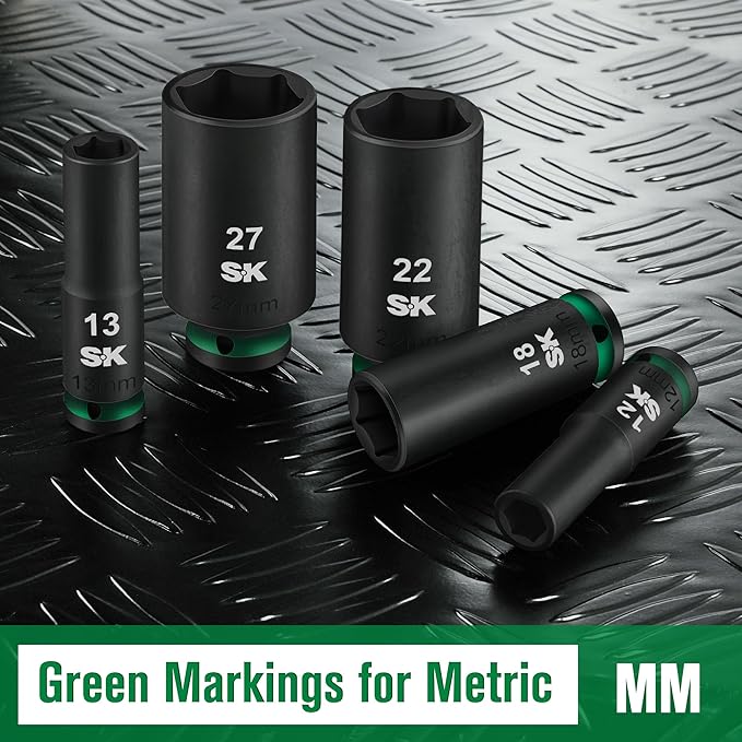 SK 1/2" Drive Impact Socket Set, Deep Metric Sockets, 13-Piece 12-27mm, Premium CR-MO Steel, SureGrip 6 Point Design, With Storage Case