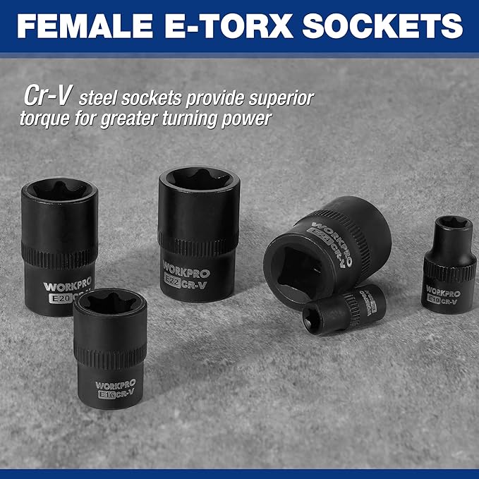 WORKPRO 60-piece Master Torx Bit Socket and External Torx Socket Set, 1/4", 3/8", 1/2" Drive Bits, Female E Sockets E4-E24, Star Socket Bits T6-T70, TT6-TT70, TP8-TP60, CR-V & S2 Alloy Steel