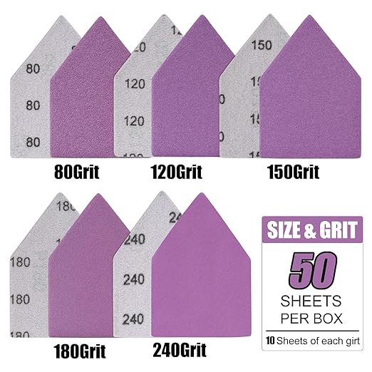 90mm x 65mm Triangle Sanding Sheets, Fits Milwaukee M12 Fuel Sander, Sandpaper Assortment 80, 120, 150, 180, 240 Grit (10 of Each), Hook & Loop Detail Sand Paper for Wood Finishing, Detail Sanding
