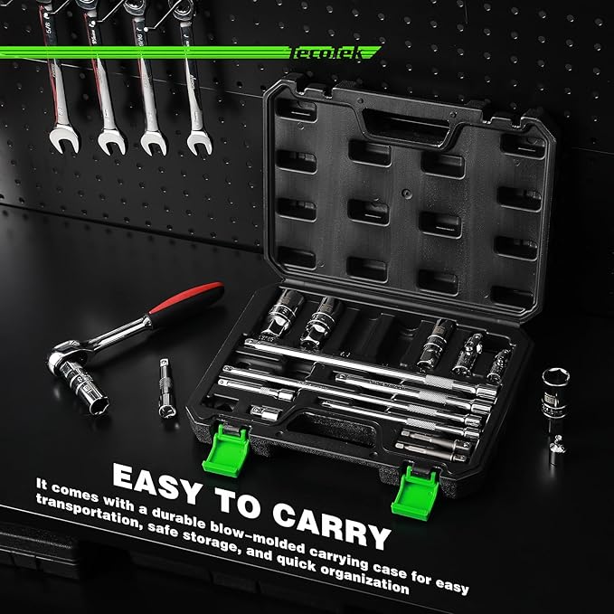 17-Pieces Drive Tool Accessory Set, Spark Plug Socket Set, Includes 1/4" & 3/8??Drive Extension Bar, Socket Adapter, Universal Joints, Spark Plug Sockets, Professional Socket Accessories, Cr-V