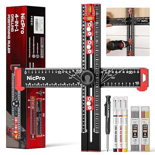 Nicpro 4-in-1 Drilling Positioning Scribing Ruler, Adjustable Multifunctional T Square Ruler with Carpenter Pencil, Carpenters Square Tools for Woodworking, Cabinet Drawer Door Hole Drilling Template
